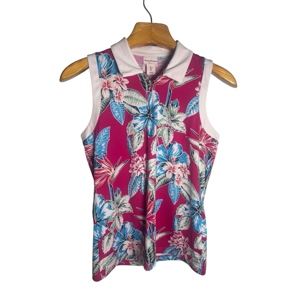 Tommy Bahama Golf Womens Large Pink Tropical Floral Sleeveless Quarter Zip Polo - Picture 3 of 12